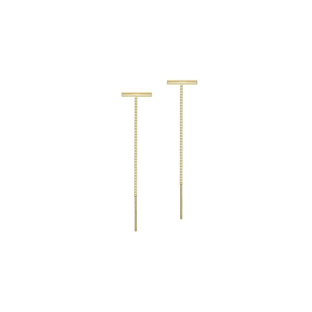 9K Yellow Gold 10.5mm x 72mm Bar Pull-Through-Chain Drop Earrings