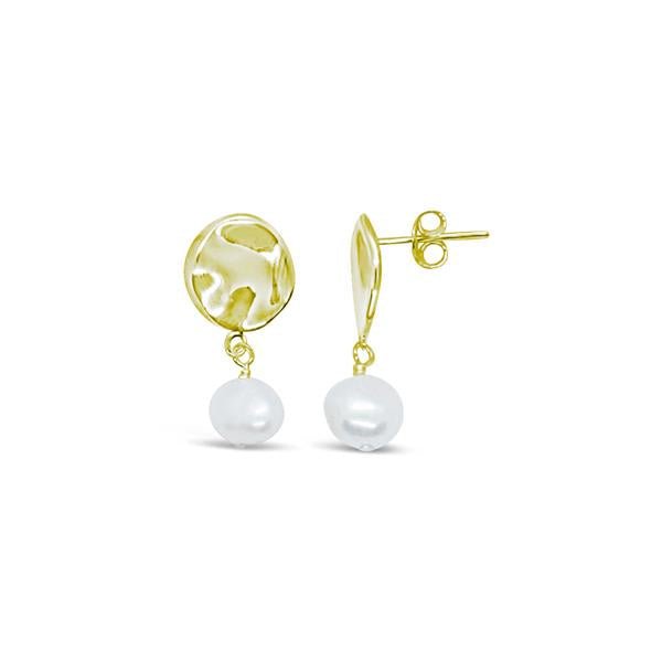 Freshwater Pearl with beaten Disc Drop Earrings - Gold - Regarde Jewellers