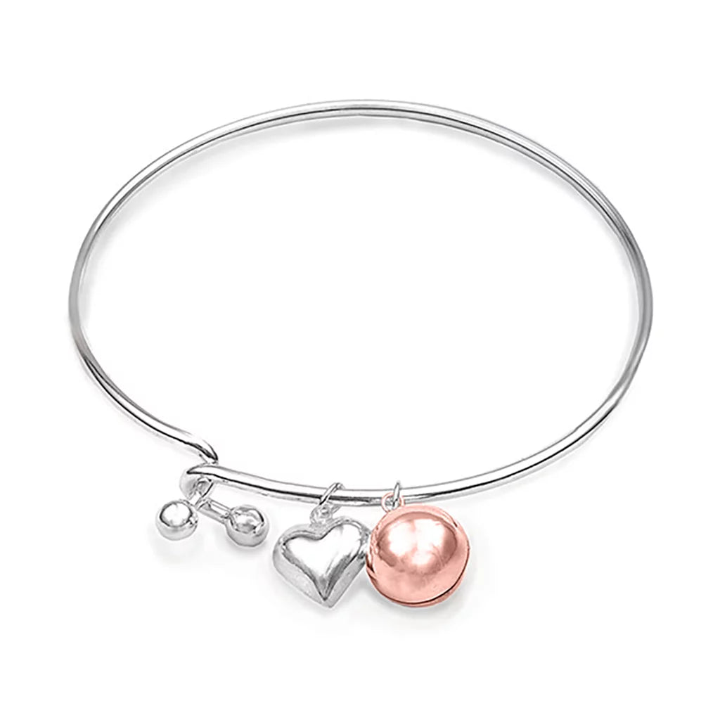 Modern Silver Bangle With Ball Drop and Heart - Regarde Jewellers